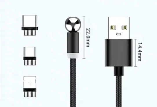 Black magnetic charging cable with spherical rotating head shown connected to mobile phone