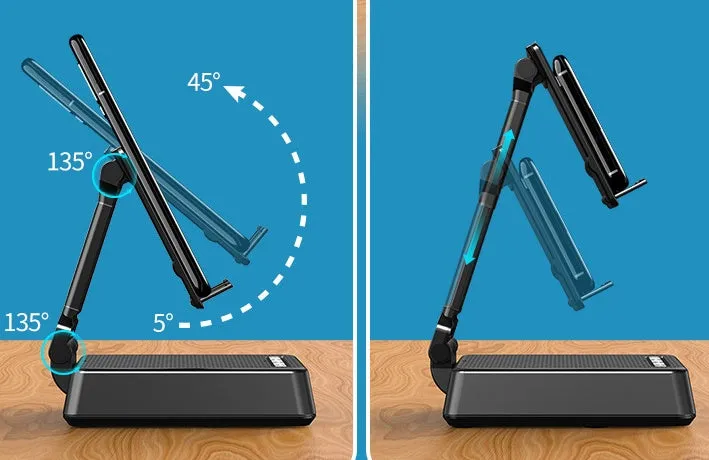 Black mobile phone broadcasting stand with Bluetooth speaker and microphone on desk