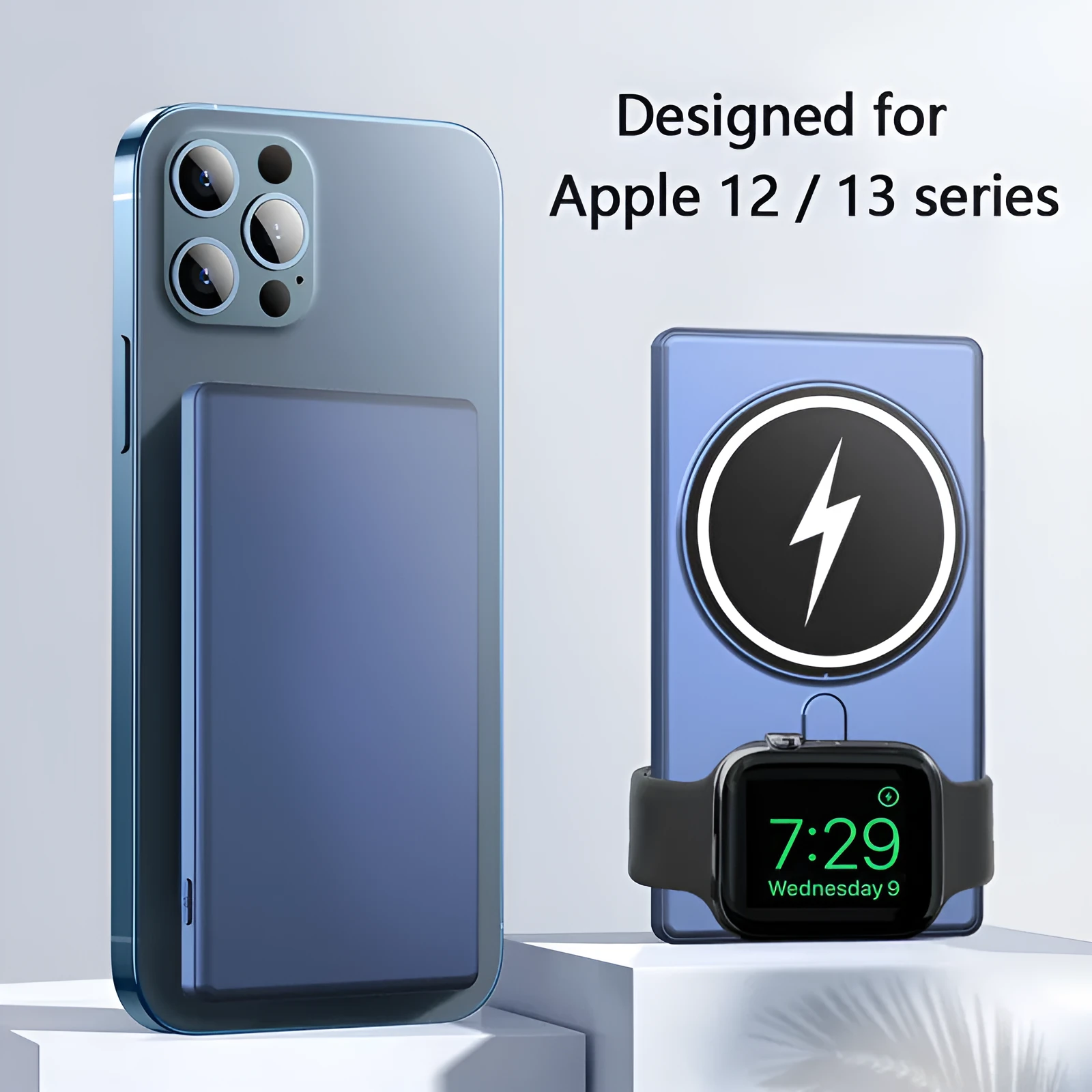 Black three-in-one magnetic wireless charging power bank with 5000mAh battery and aluminium shell
