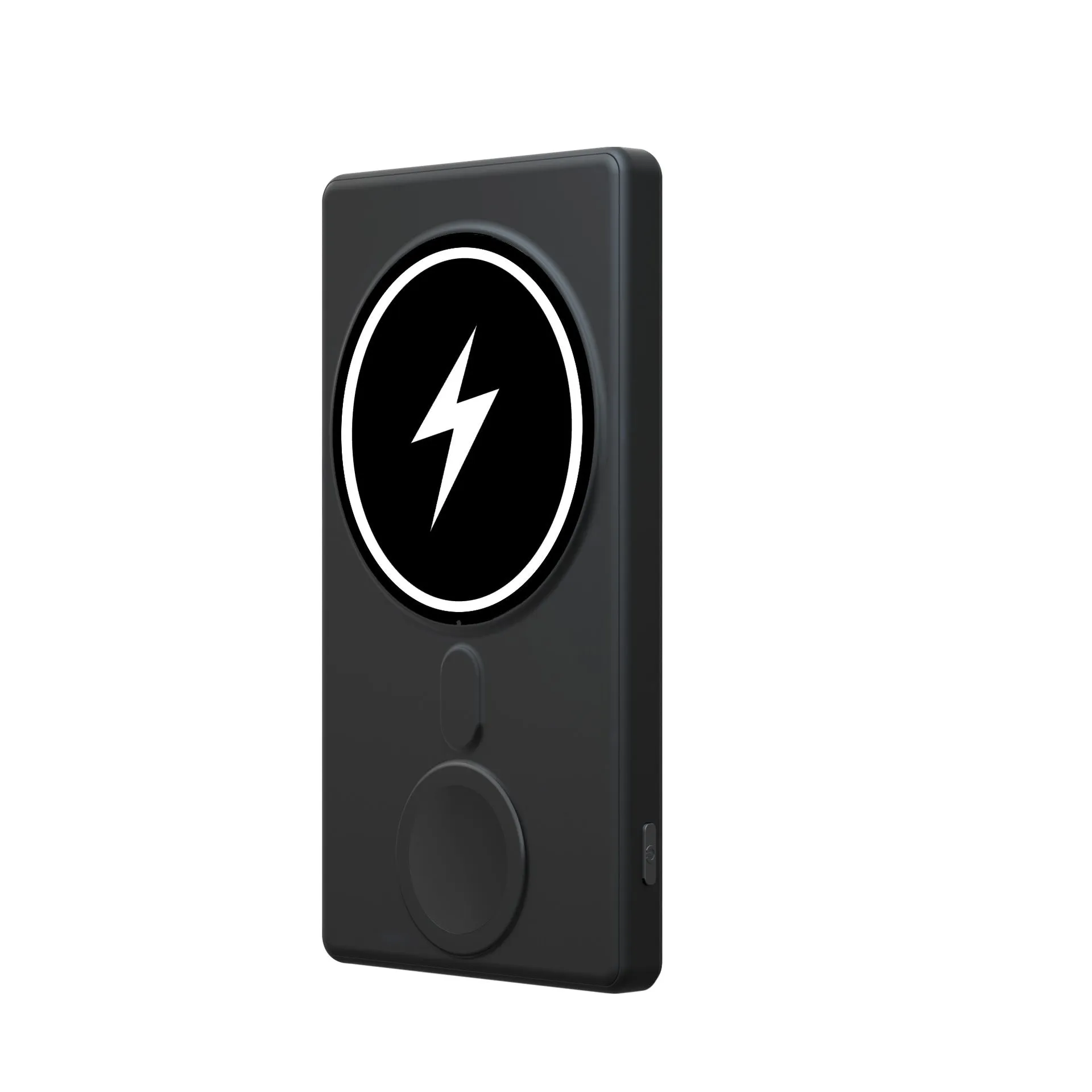 Black three-in-one magnetic wireless charging power bank with 5000mAh battery and aluminium shell