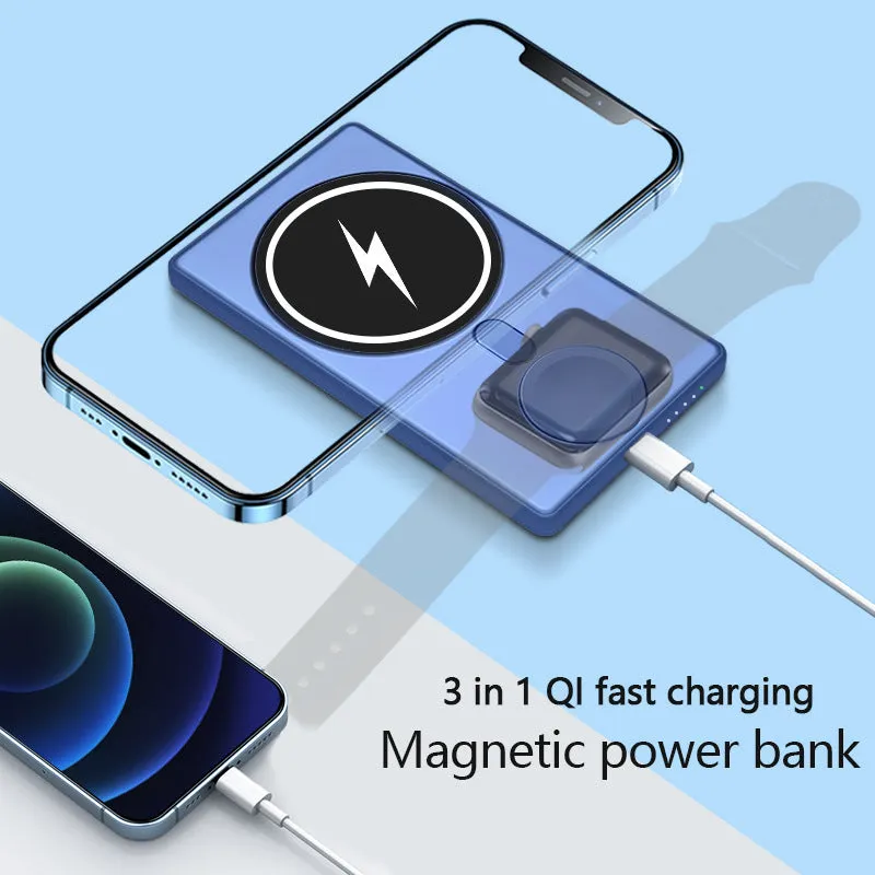 Black three-in-one magnetic wireless charging power bank with 5000mAh battery and aluminium shell
