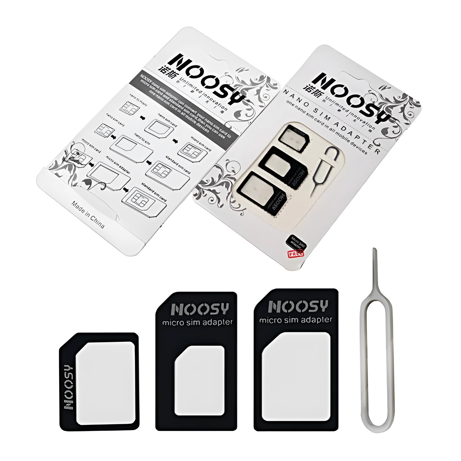 Black and white SIM card tool sets showing plastic case and metal ejector pin for mobile phones
