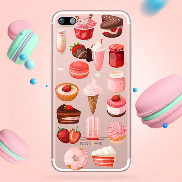 Transparent customisable phone case with printed design on back, showing phone model compatibility list.