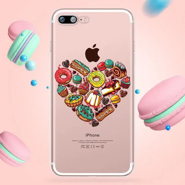 Transparent customisable phone case with printed design on back, showing phone model compatibility list.
