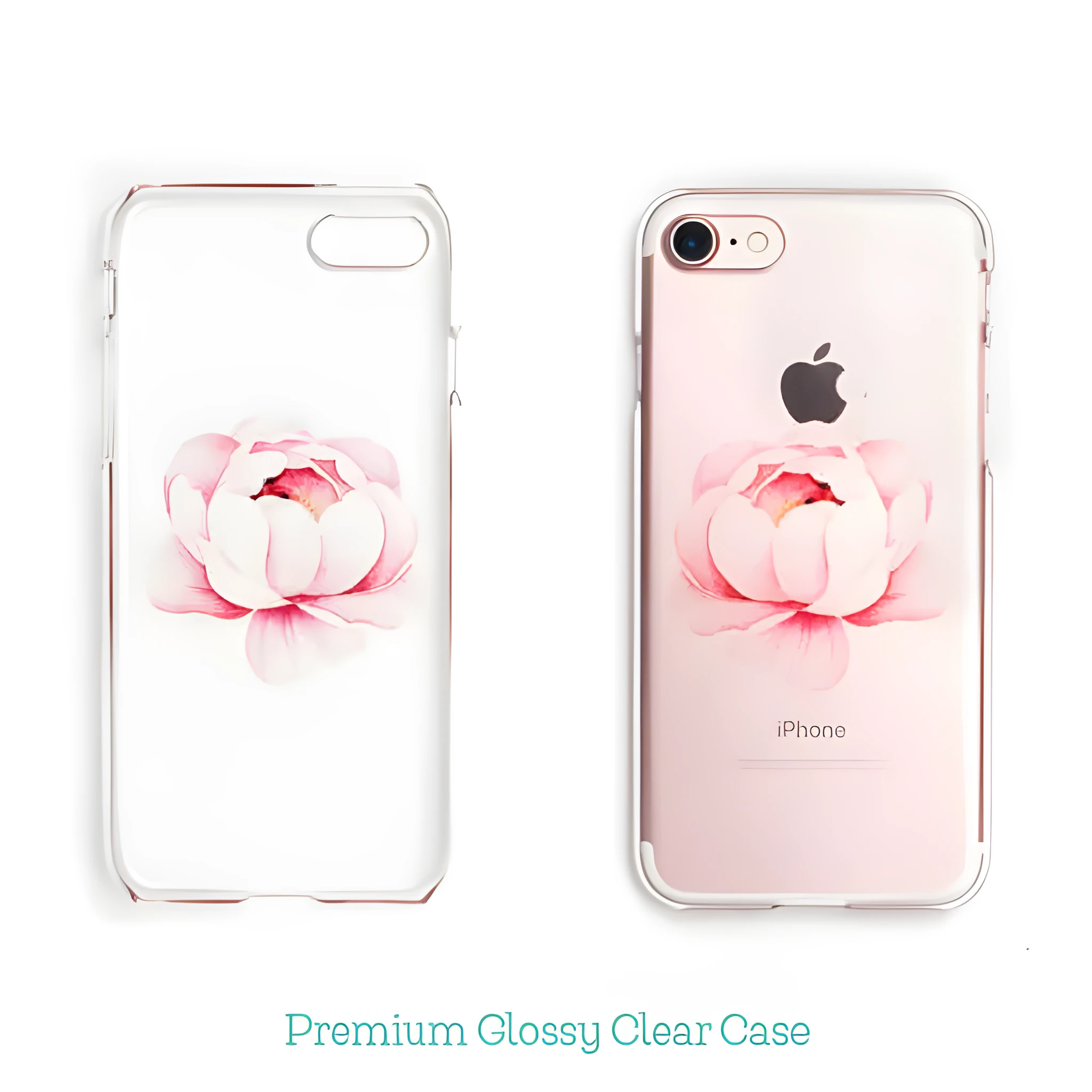 Transparent customisable phone case with printed design on back, showing phone model compatibility list.
