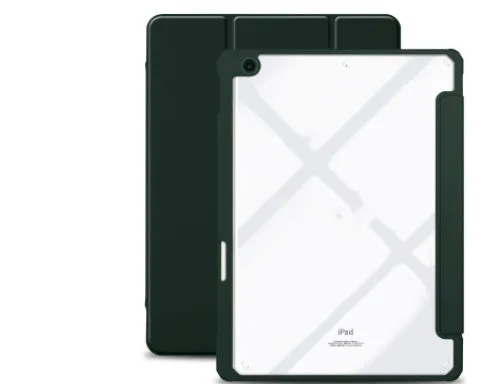 iPad case with Apple Pencil slot showing hard acrylic back and soft silicone edges in matcha green colour