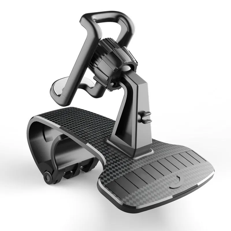Black universal car phone mount with 360-degree rotating head on a car dashboard.