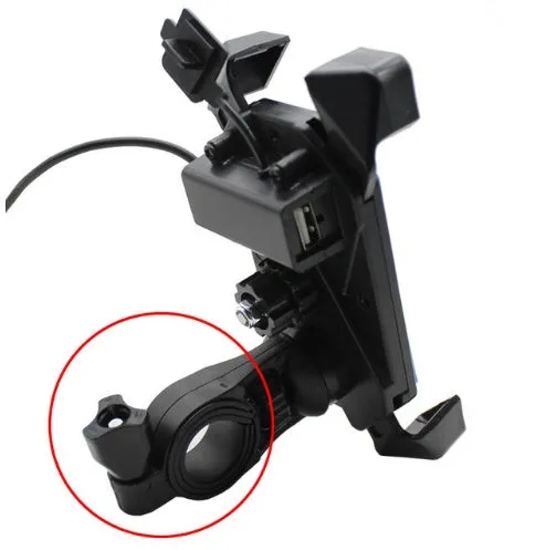 Black motorcycle phone mount with adjustable arms and USB charging port on handlebar