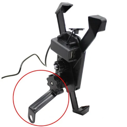 Black motorcycle phone mount with adjustable arms and USB charging port on handlebar