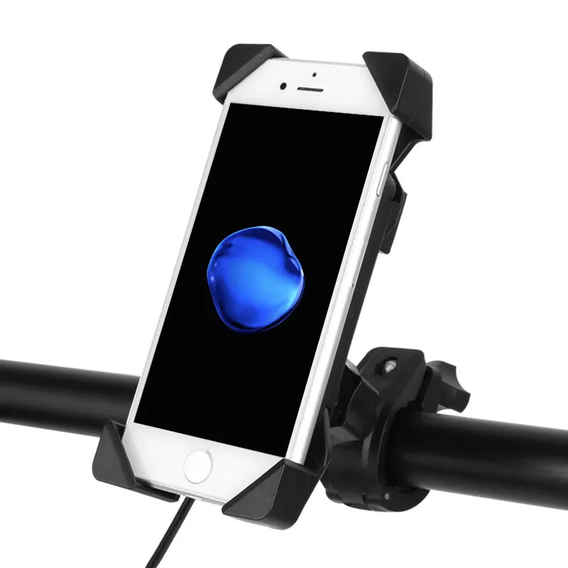Black motorcycle phone mount with adjustable arms and USB charging port on handlebar