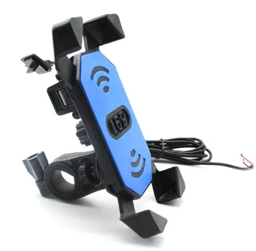 Black motorcycle phone mount with adjustable arms and USB charging port on handlebar
