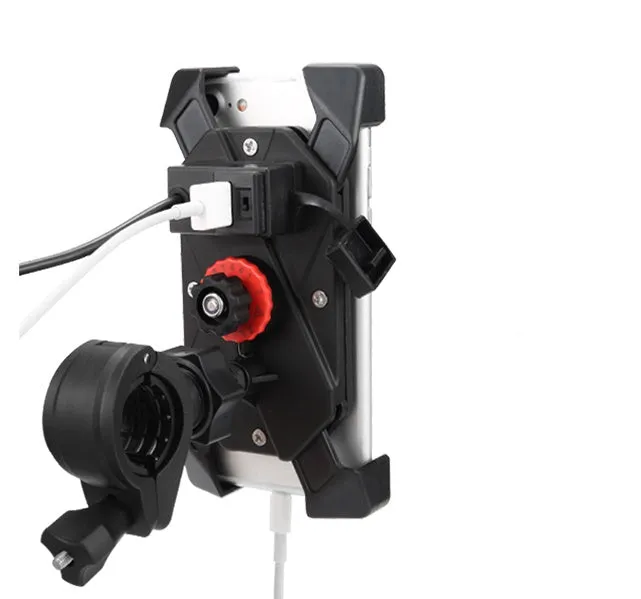 Black motorcycle phone mount with adjustable arms and USB charging port on handlebar
