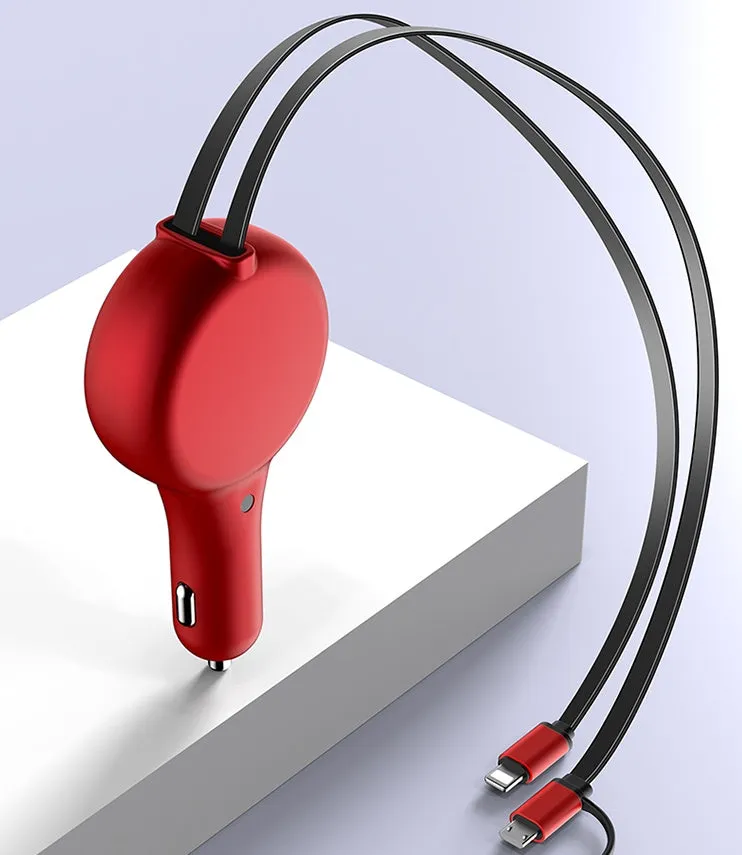 Black retractable dual fast car charger with extended cables and three charging heads on a car seat