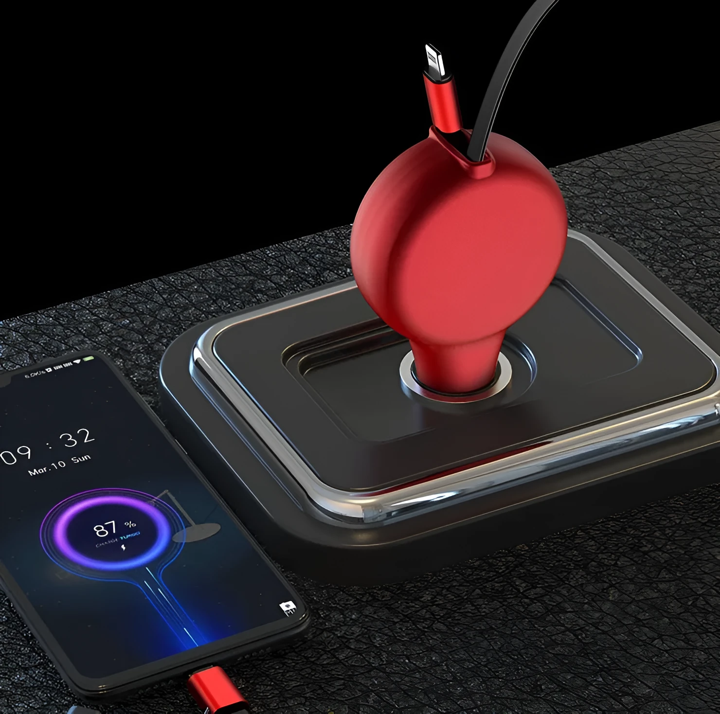 Black retractable dual fast car charger with extended cables and three charging heads on a car seat