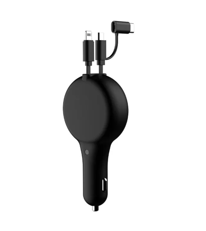 Black retractable dual fast car charger with extended cables and three charging heads on a car seat