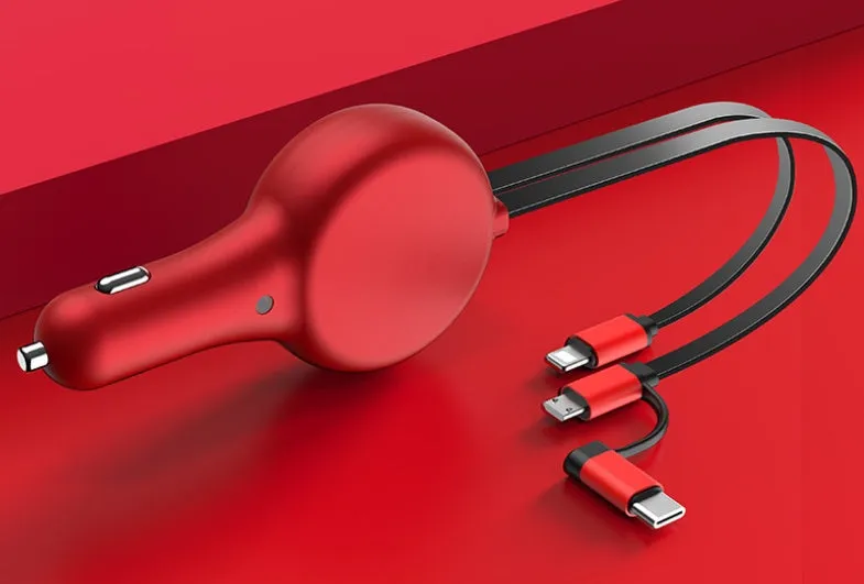 Black retractable dual fast car charger with extended cables and three charging heads on a car seat