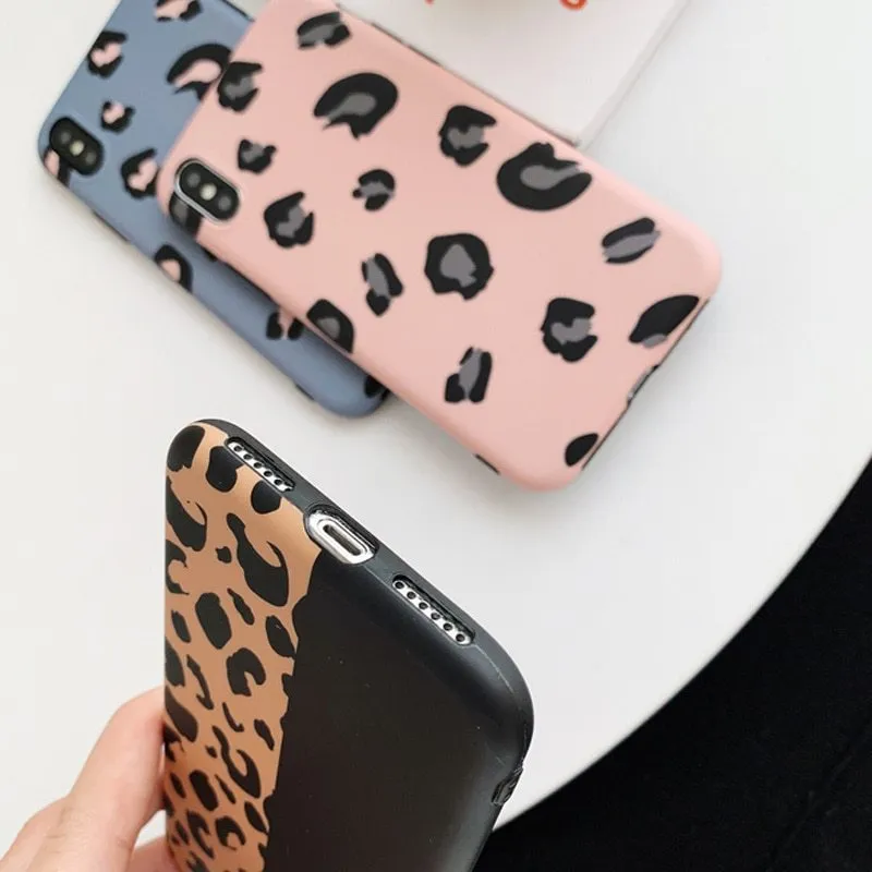 Leopard print phone case for iPhone in black, blue, and pink colours showing front and back views.