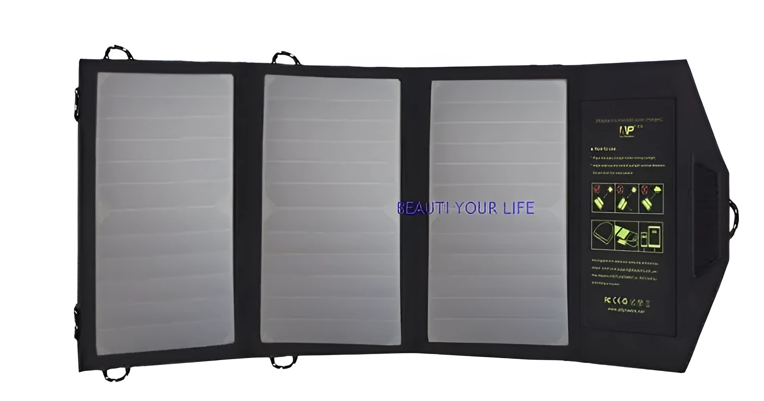Black foldable solar panel charger with dual USB ports, shown unfolded with mounting loops.