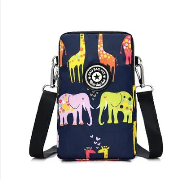Vertical Oxford fabric ladies mobile phone bag with a zipper, shown in a printed design.