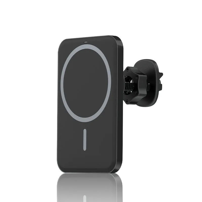 Black car magnetic wireless charger bracket mounted on car air vent with phone attached