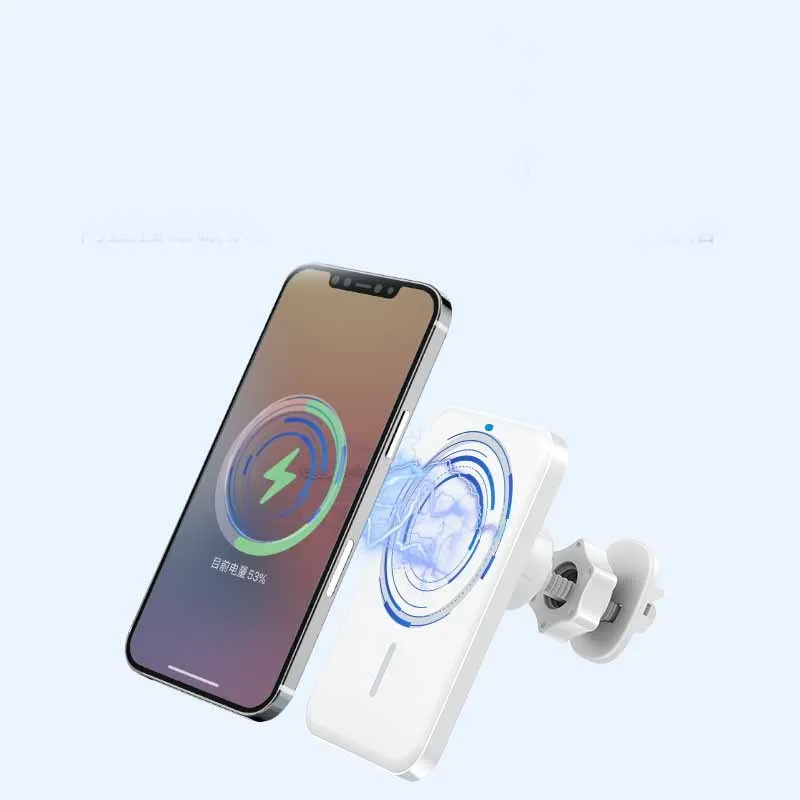 Black car magnetic wireless charger bracket mounted on car air vent with phone attached