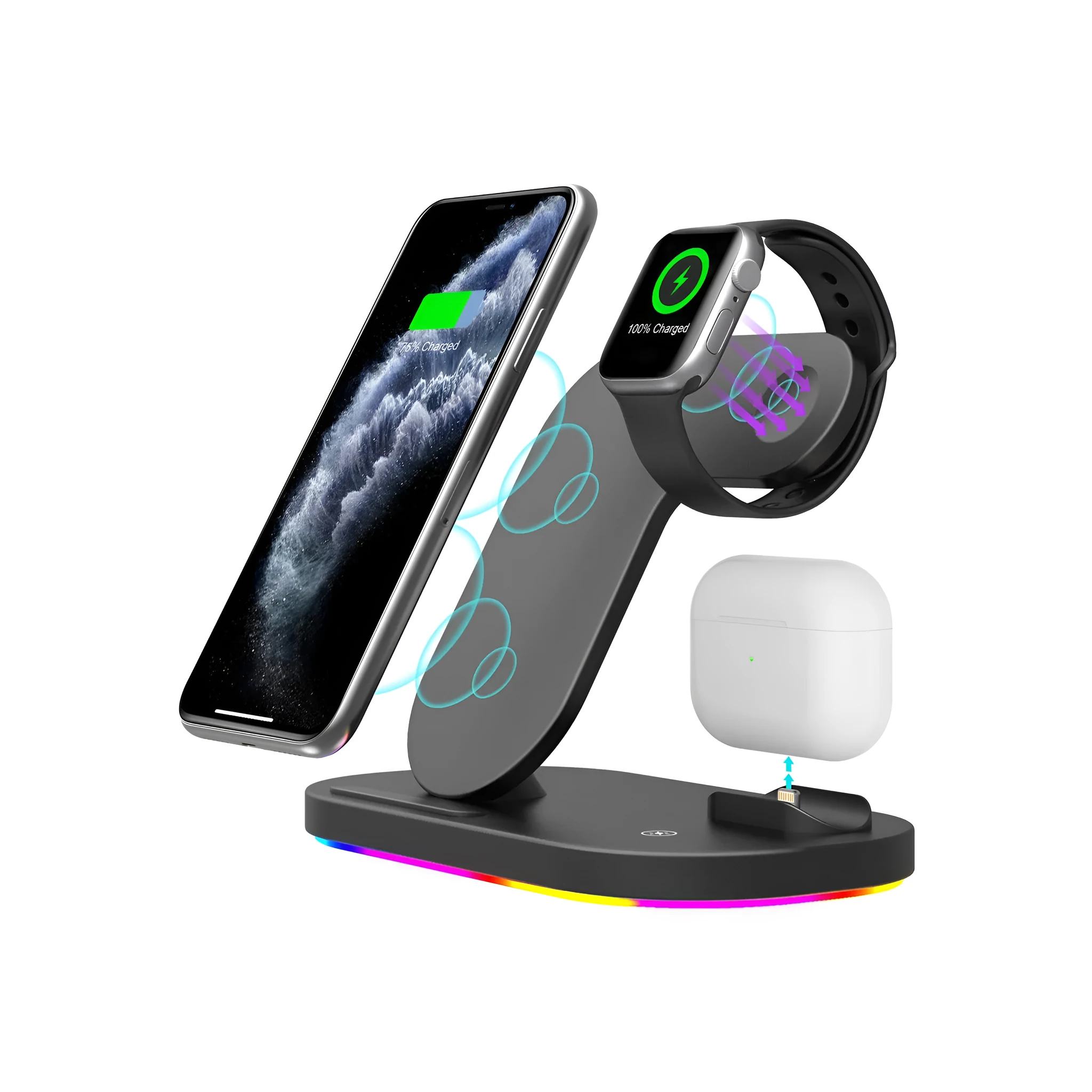 Foldable 3-in-1 wireless charging station for iPhone, Apple Watch and AirPods Pro in black or white