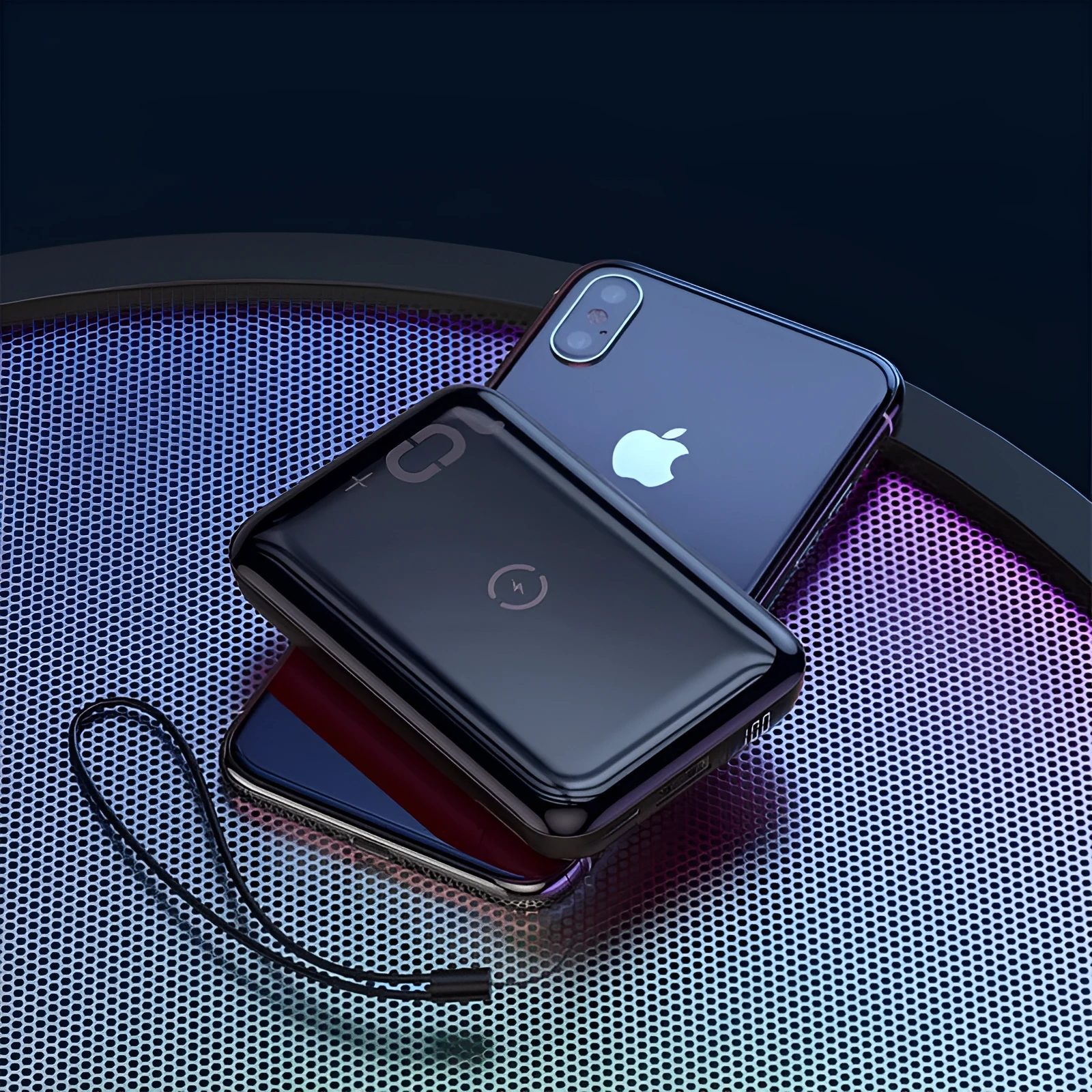 Small square black wireless fast charge power bank with LED digital display showing battery percentage