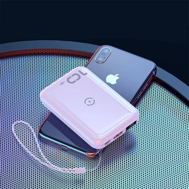 Small square black wireless fast charge power bank with LED digital display showing battery percentage
