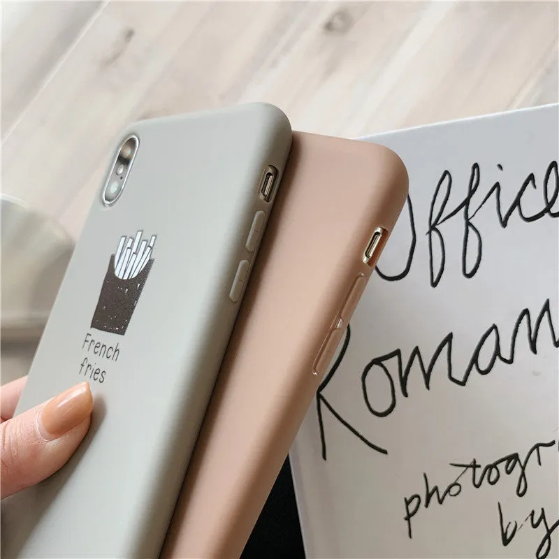 Silicone iPhone case with soft matte finish showing ice coffee and french fries couple patterns