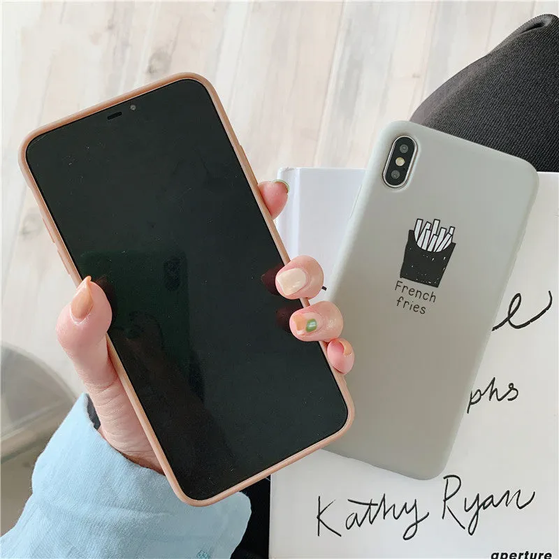 Silicone iPhone case with soft matte finish showing ice coffee and french fries couple patterns