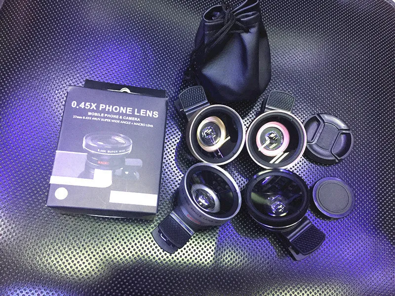 0.45X wide angle mobile phone lens attachment in black, gold, rose gold, and silver colours