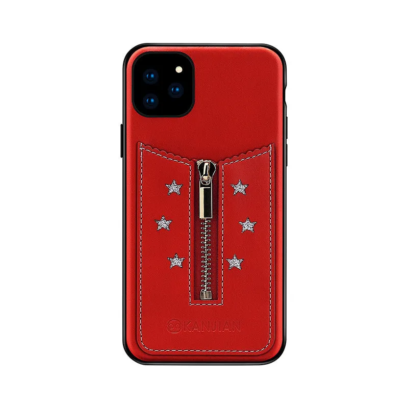 Black PU leather zipper phone case for iPhone shown closed and open