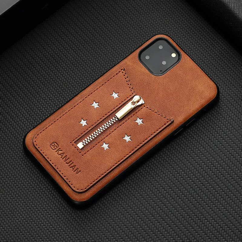 Black PU leather zipper phone case for iPhone shown closed and open
