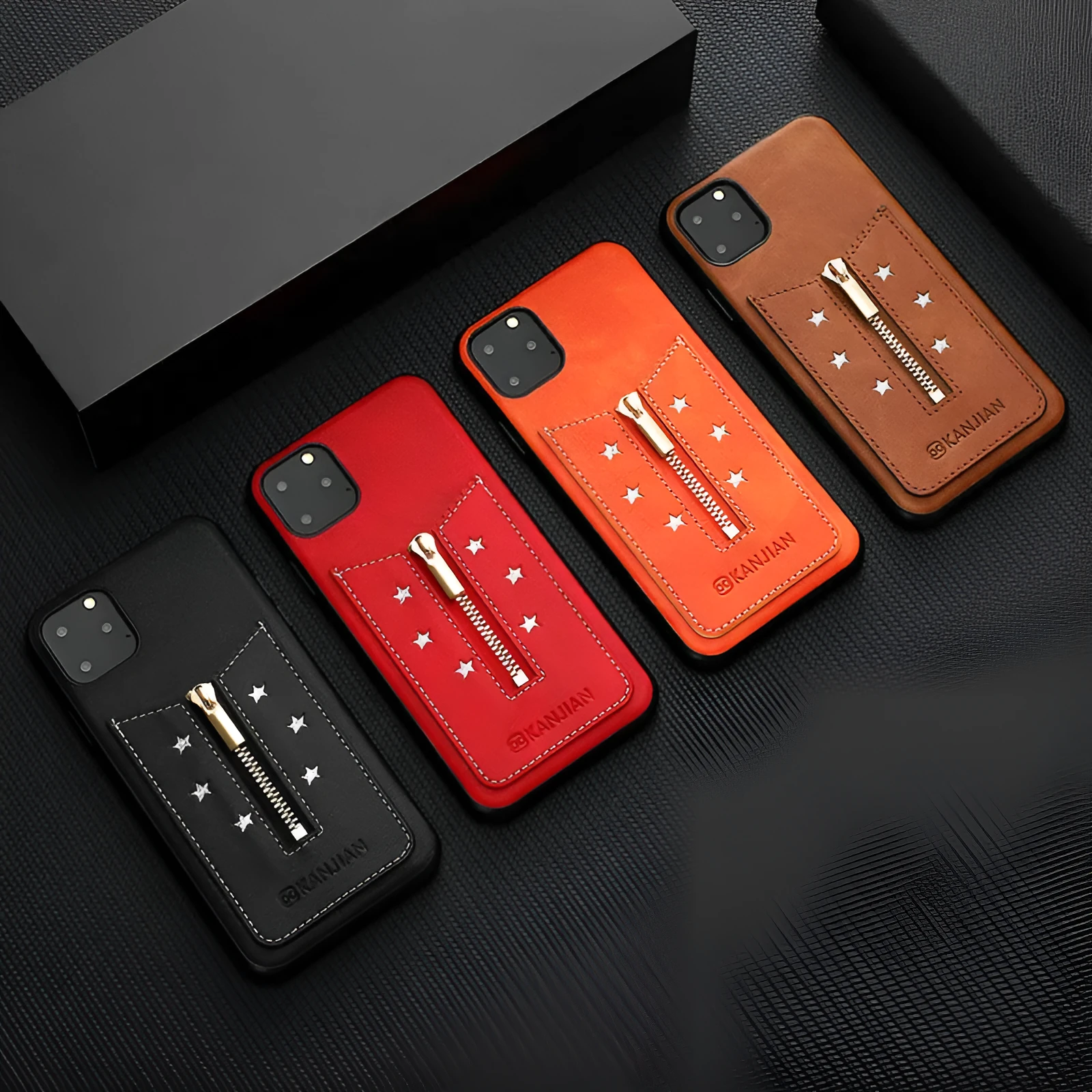 Black PU leather zipper phone case for iPhone shown closed and open