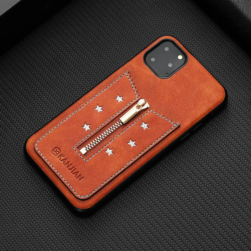 Black PU leather zipper phone case for iPhone shown closed and open