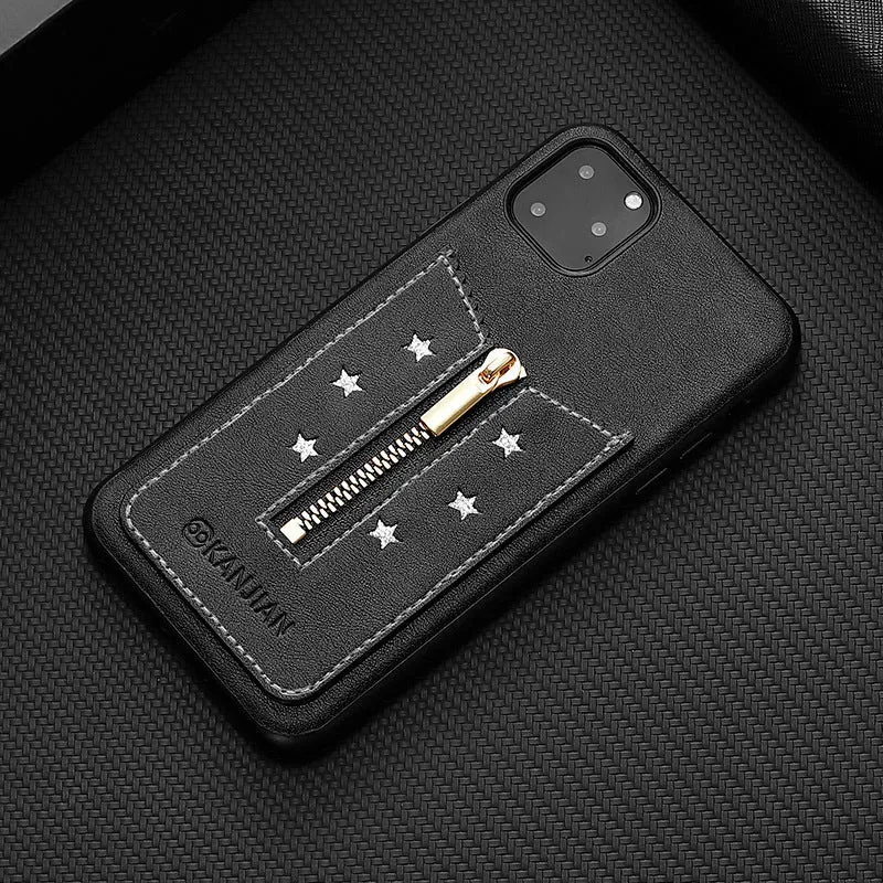 Black PU leather zipper phone case for iPhone shown closed and open
