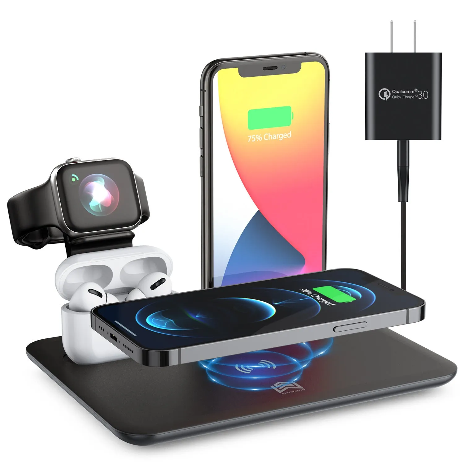 Black multi-device wireless charging stand holding a phone, headphones, and a smartwatch on a desk.