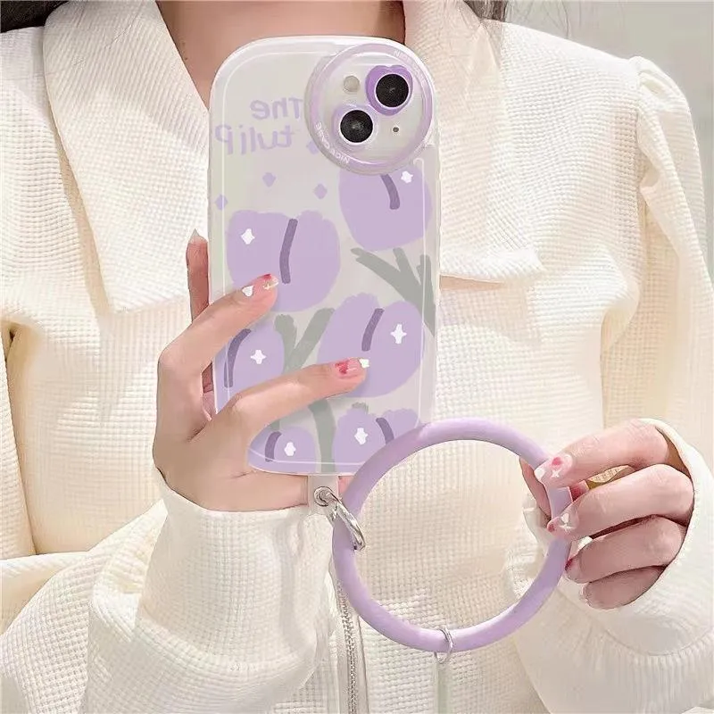 Transparent purple tulip heart lens phone case with purple bracelet for iPhone protection
