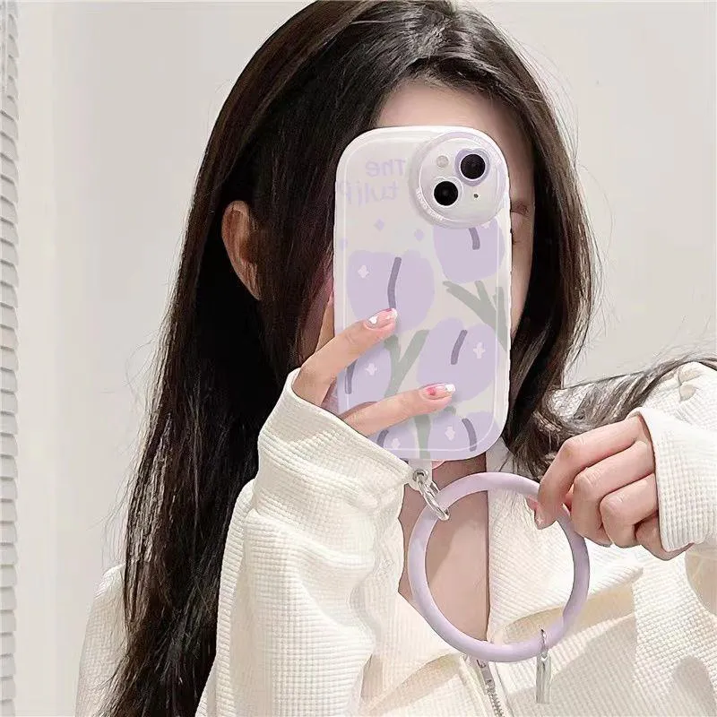 Transparent purple tulip heart lens phone case with purple bracelet for iPhone protection