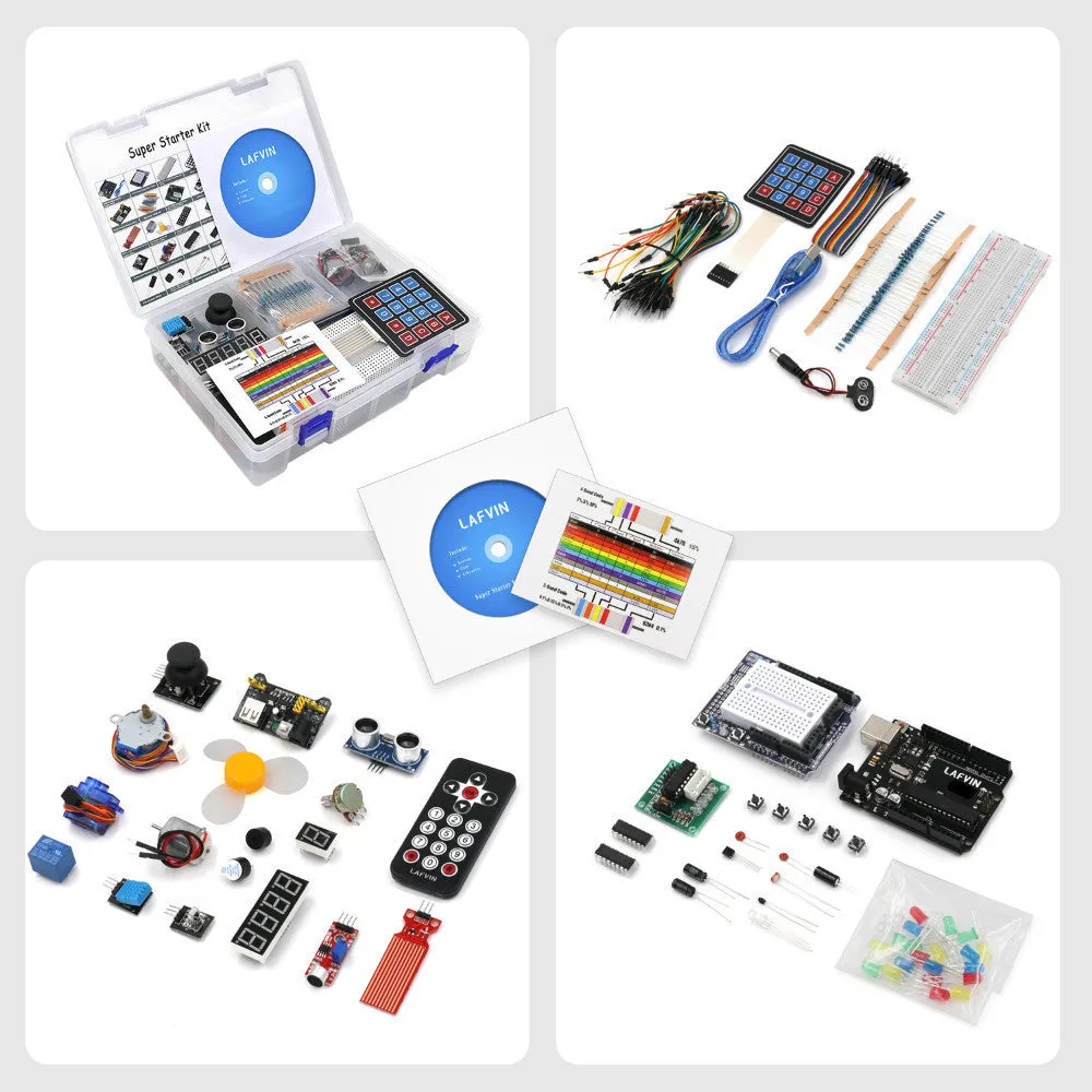 LAFVIN Arduino UNO R3 Super Starter Kit showing blue development board, breadboard, LEDs, sensors, and motors
