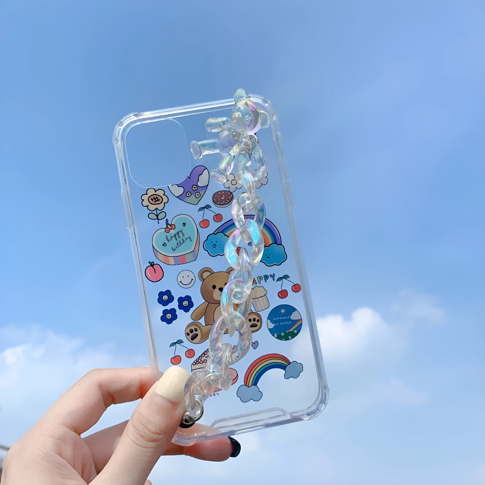 Bear chain charm on a TPU protective case for iPhone, featuring a Japanese Korean cartoon style design.
