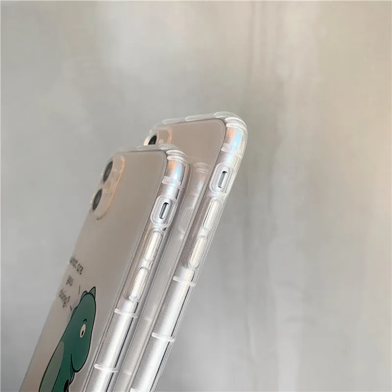 Transparent iPhone case with dinosaur design showing green dinosaur pattern on back