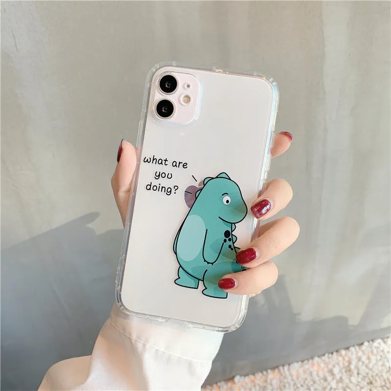 Transparent iPhone case with dinosaur design showing green dinosaur pattern on back