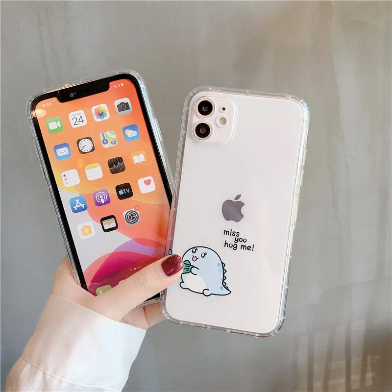 Transparent iPhone case with dinosaur design showing green dinosaur pattern on back