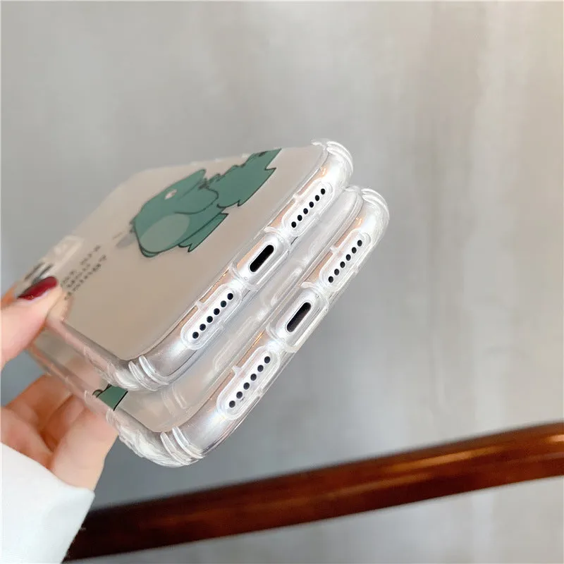 Transparent iPhone case with dinosaur design showing green dinosaur pattern on back
