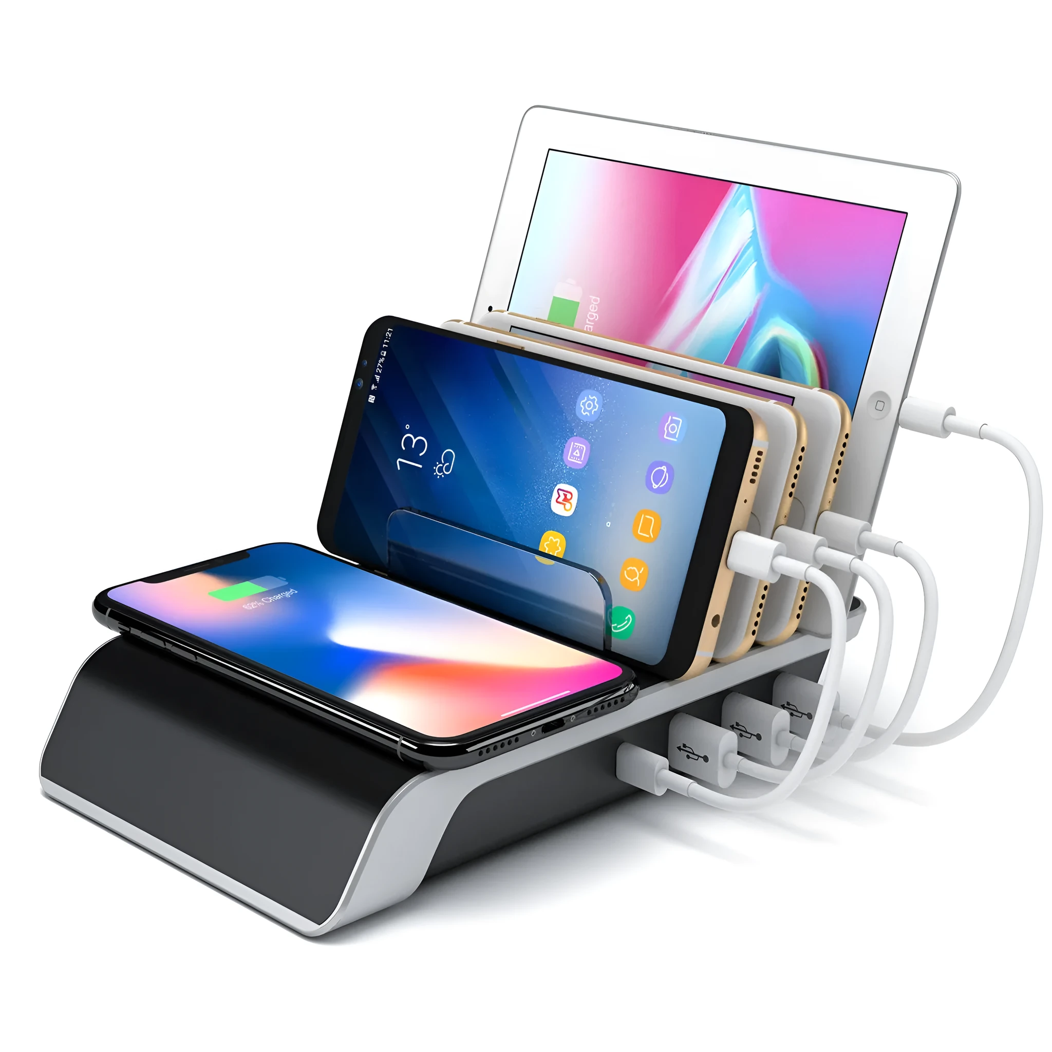 Black universal mobile phone and tablet charging stand on a desk.