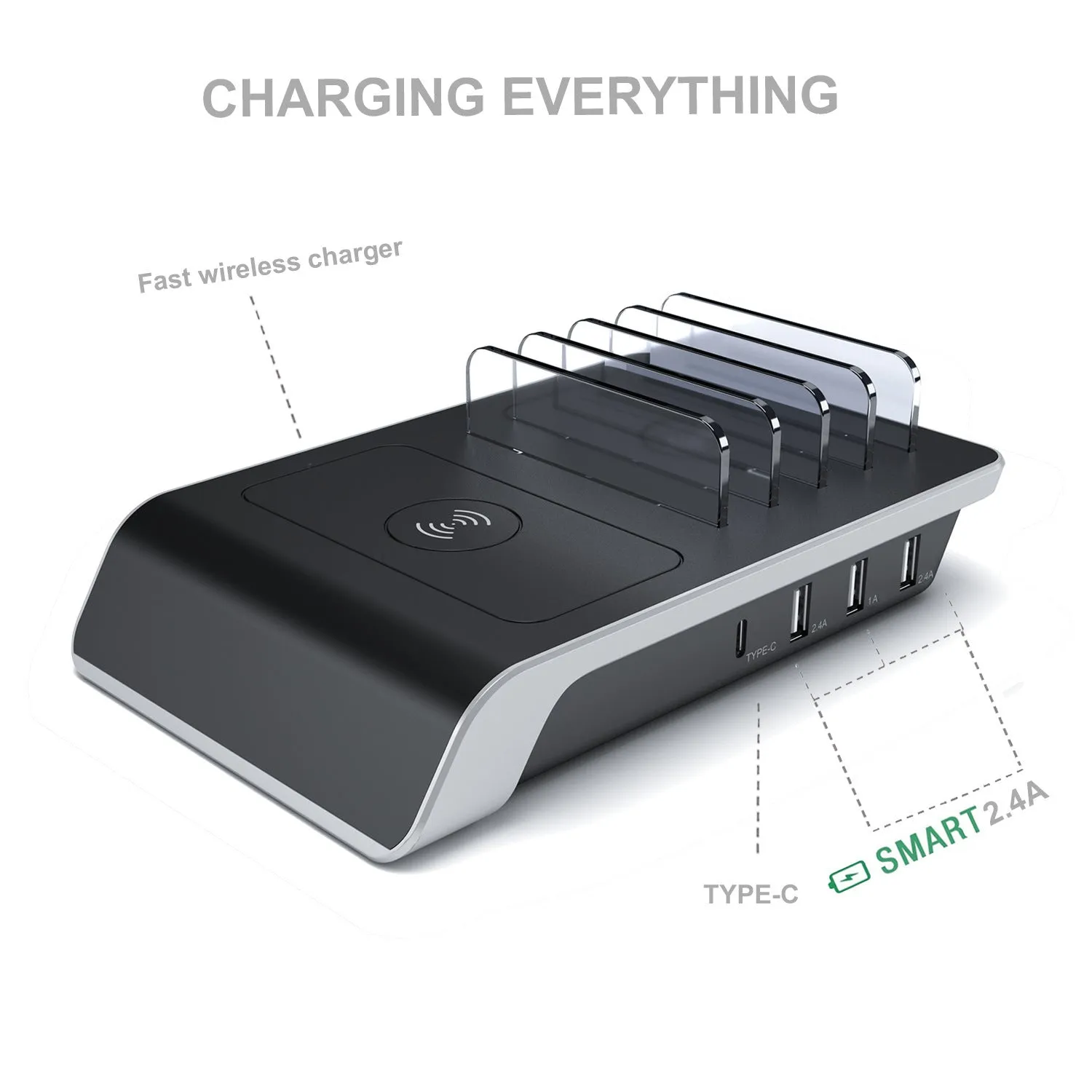 Black universal mobile phone and tablet charging stand on a desk.