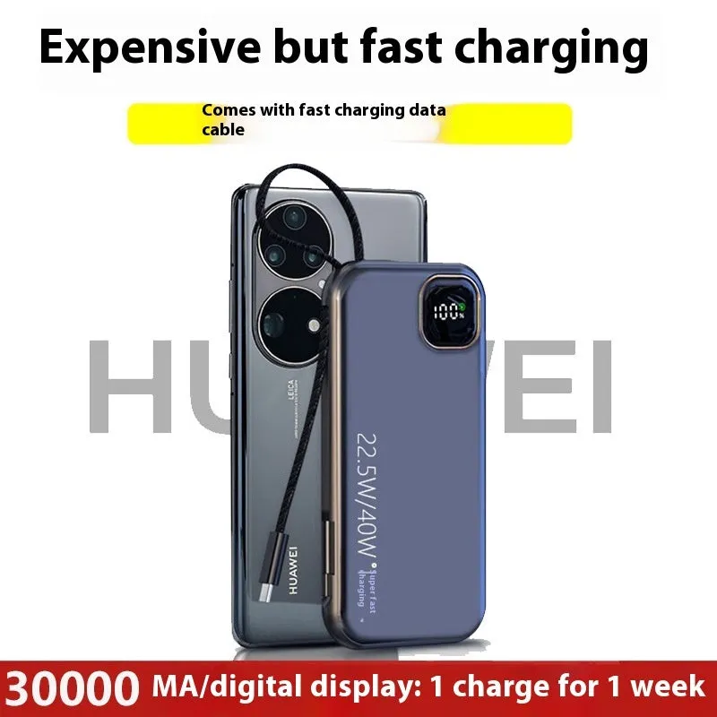 Black portable power bank with integrated charging cable showing compact 170mm x 68mm size.