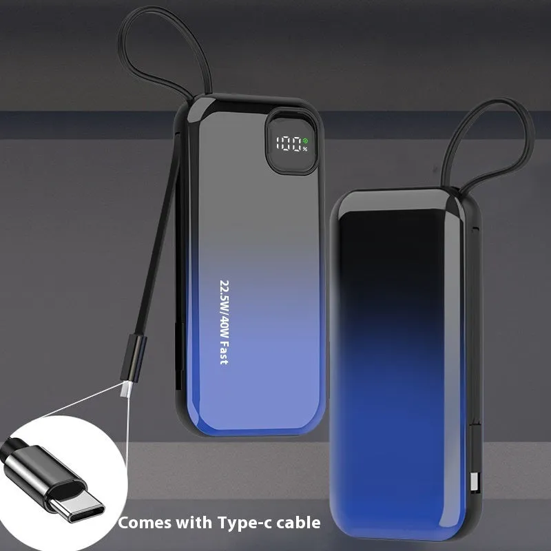 Black portable power bank with integrated charging cable showing compact 170mm x 68mm size.
