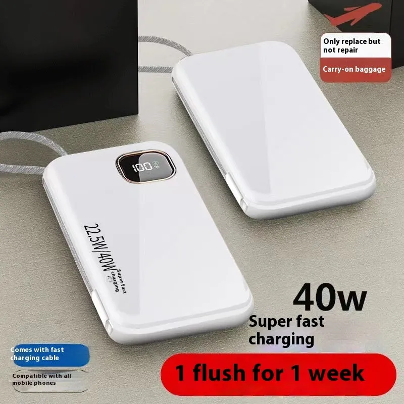 Black portable power bank with integrated charging cable showing compact 170mm x 68mm size.